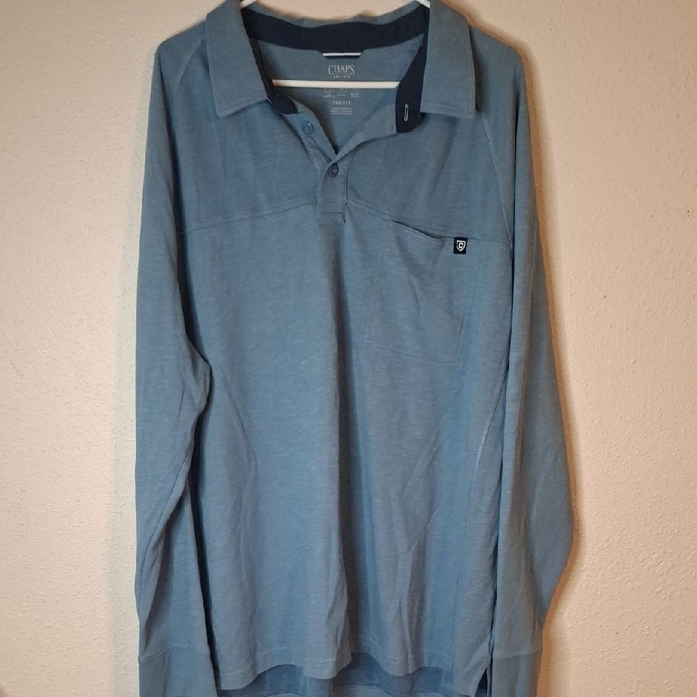 Chaps Men's Long Sleeve Polo in Heather Blue with Navy Trim